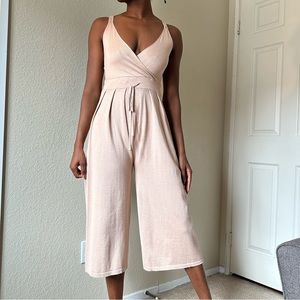 Tan Culotte Deep V Jumpsuit,  All in Favor